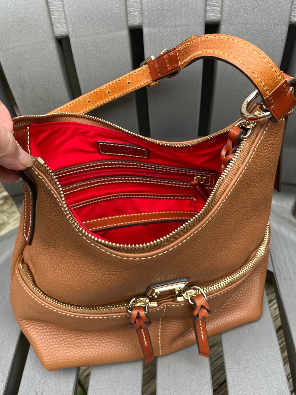 Dooney & Bourke Pebbled Leather Shoulder Bag in Caramel with Red Lining